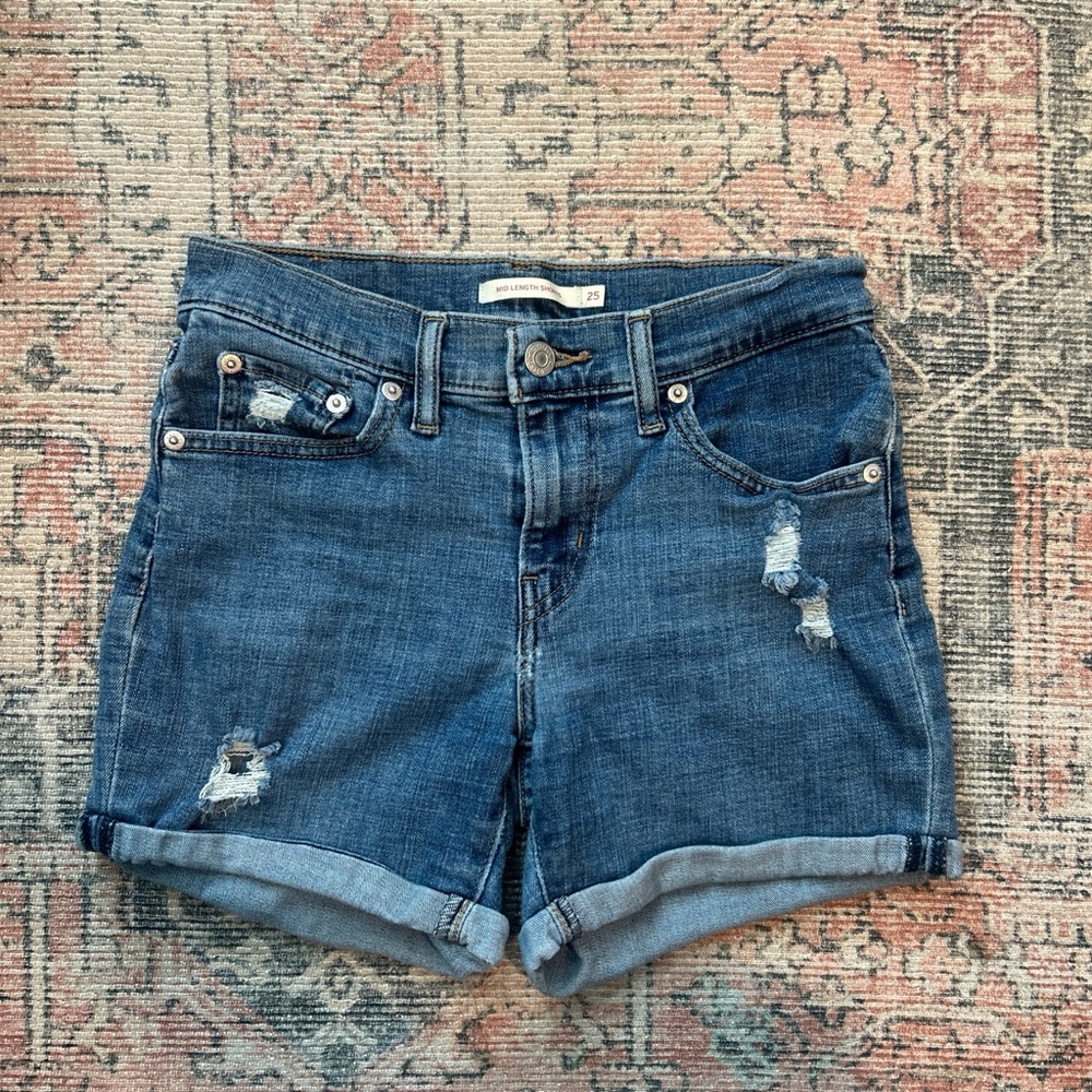 Levi's Distressed Rolled-Hem Denim Shorts - Medium Blue